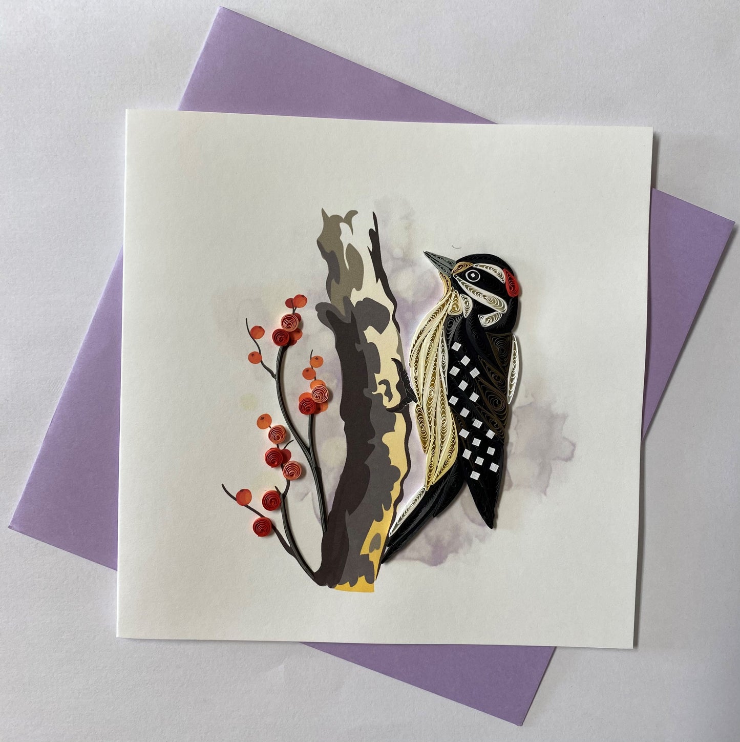 Hand Quilled Greeting Card Downey Woodpecker #10954
