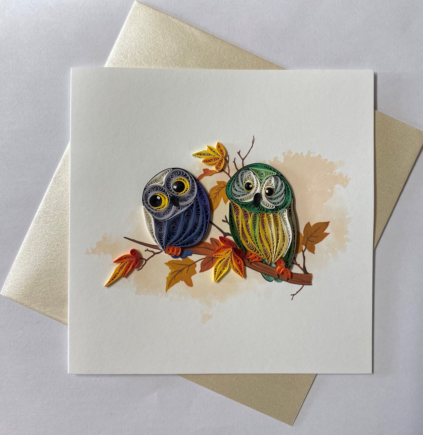 Hand Quilled Greeting Card Owls #10987