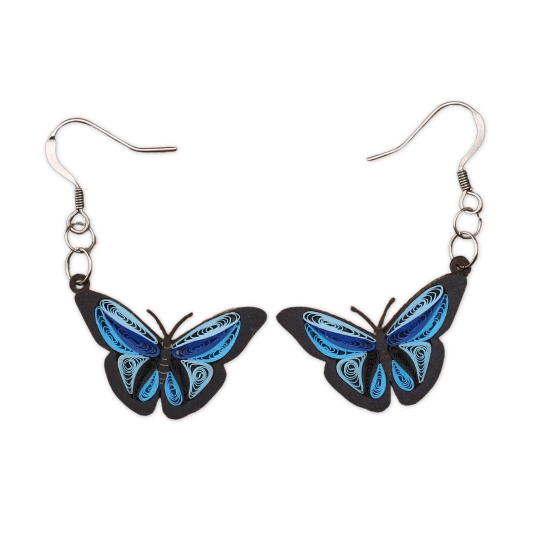 Hand Quilled Blue Morpho Butterfy Earrings #QE12177