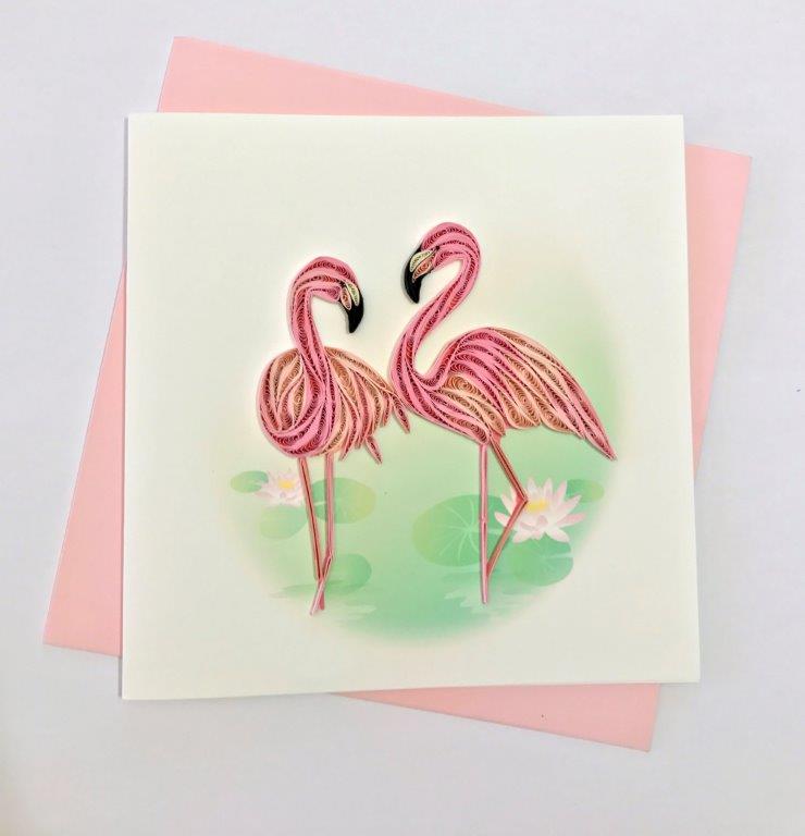 Hand Quilled Greeting Card Flamingos #10315