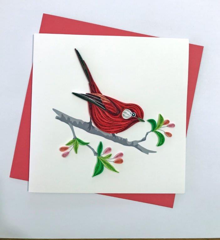 Hand Quilled Greeting Card Red Warbler #10321