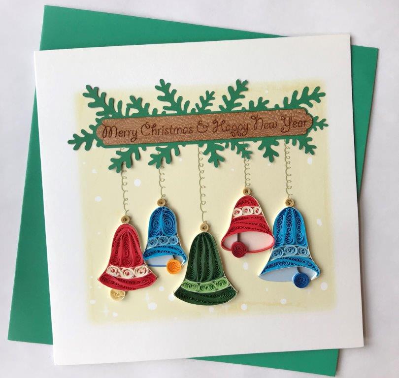 Hand Quilled Greeting Card Christmas Bells #10937