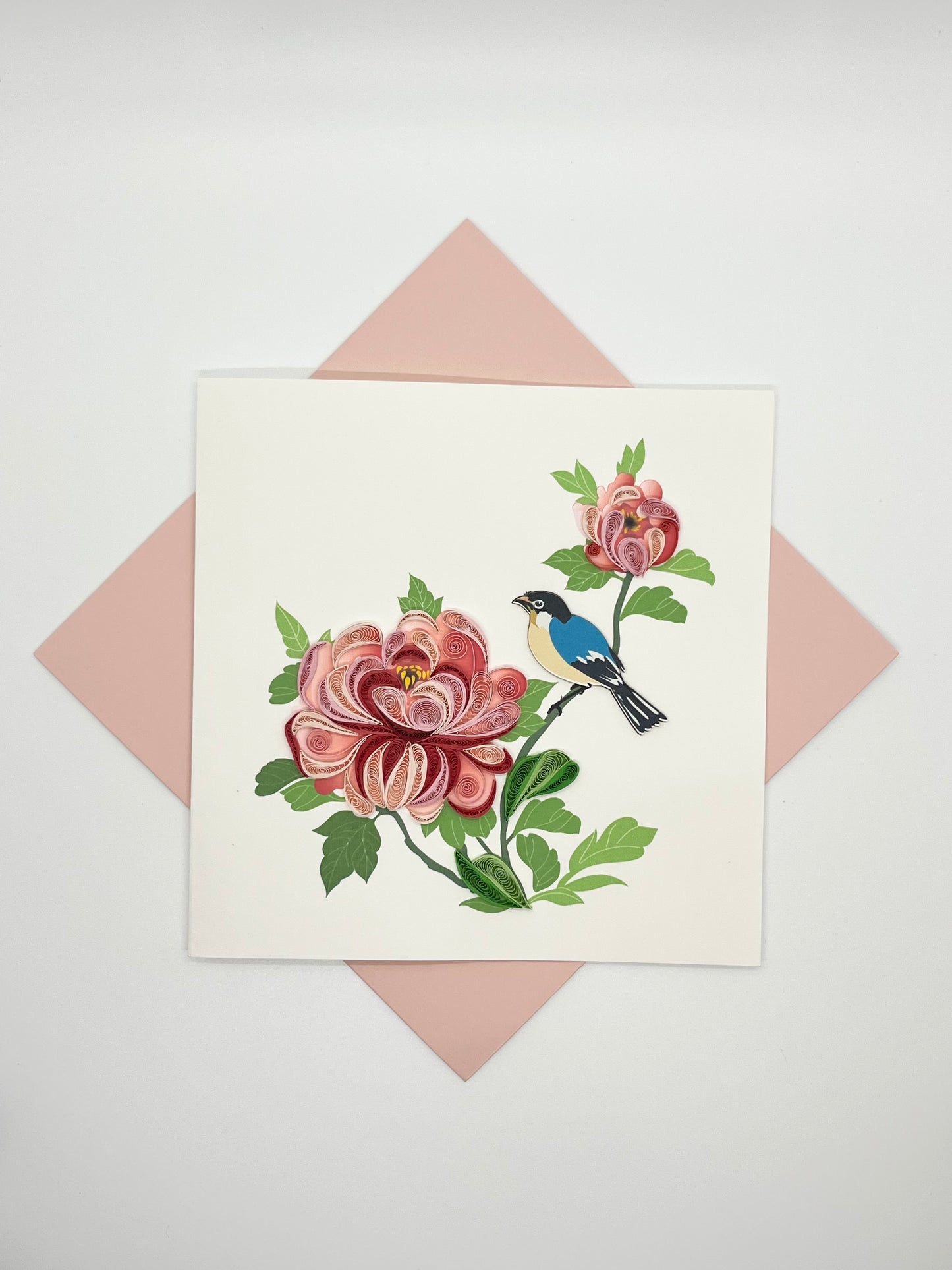 Hand Quilled Greeting Card Bird on Peony #10969
