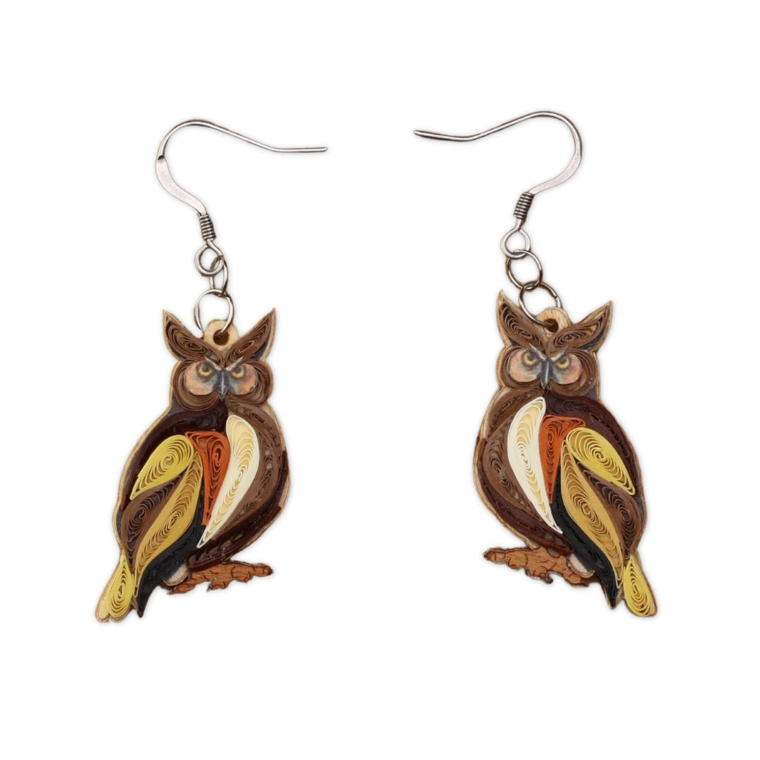 Hand Quilled Great Horned Owl Earrings #QE12170