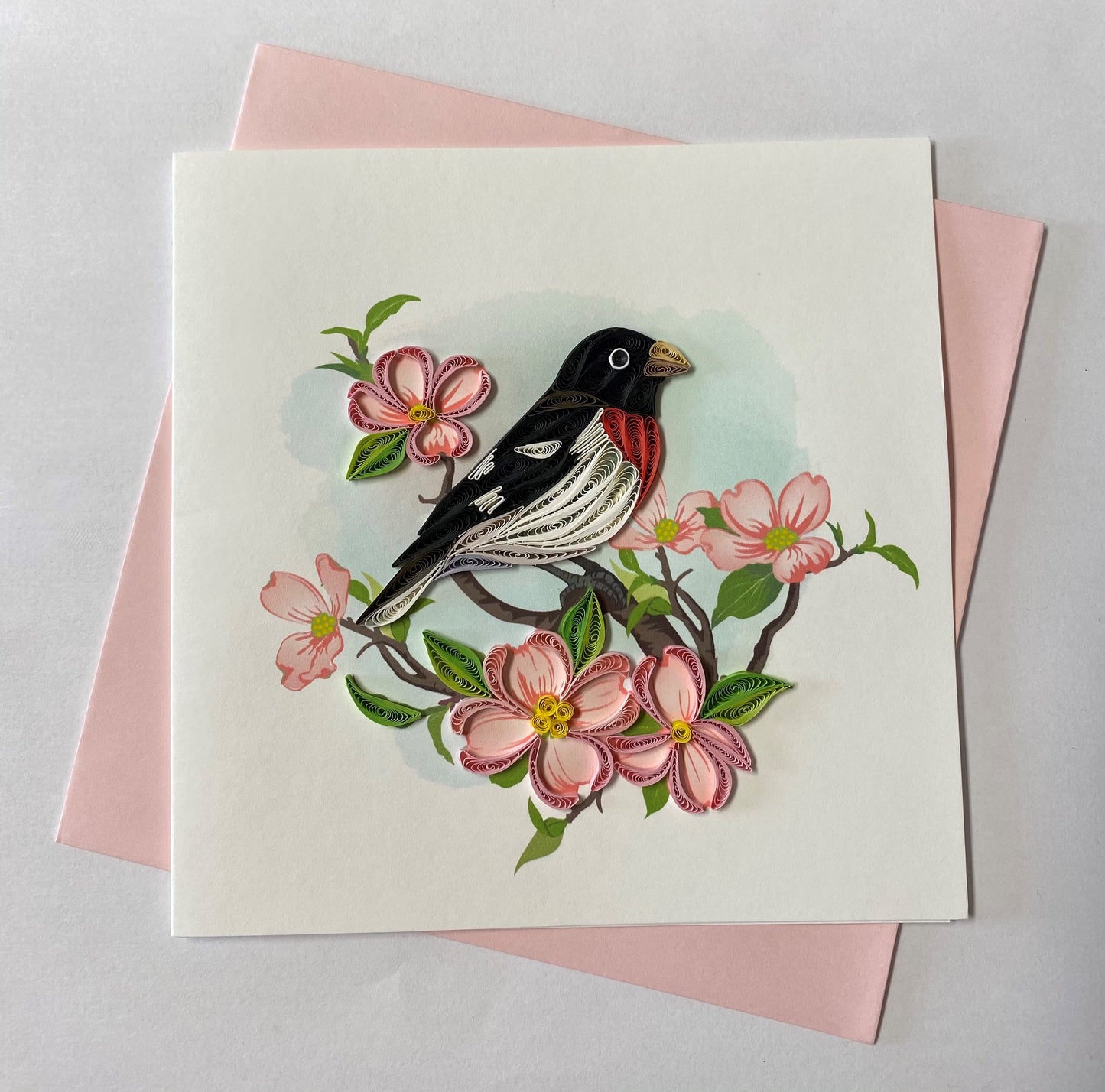 Hand Qulled Greeting Card Rose Breasted Groosebeak #10961