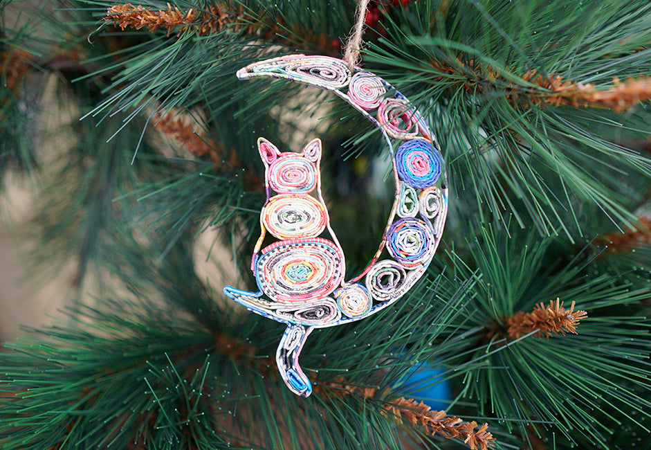 Hand Quilled Recycled Magazine Cat Crescent Moon Ornament #QO11087