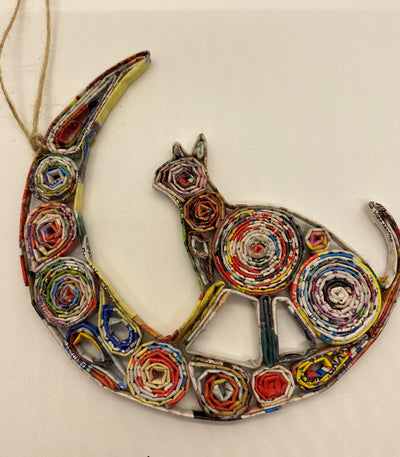 Hand Quilled Recycled Magazine Cat Crescent Moon Ornament #11088