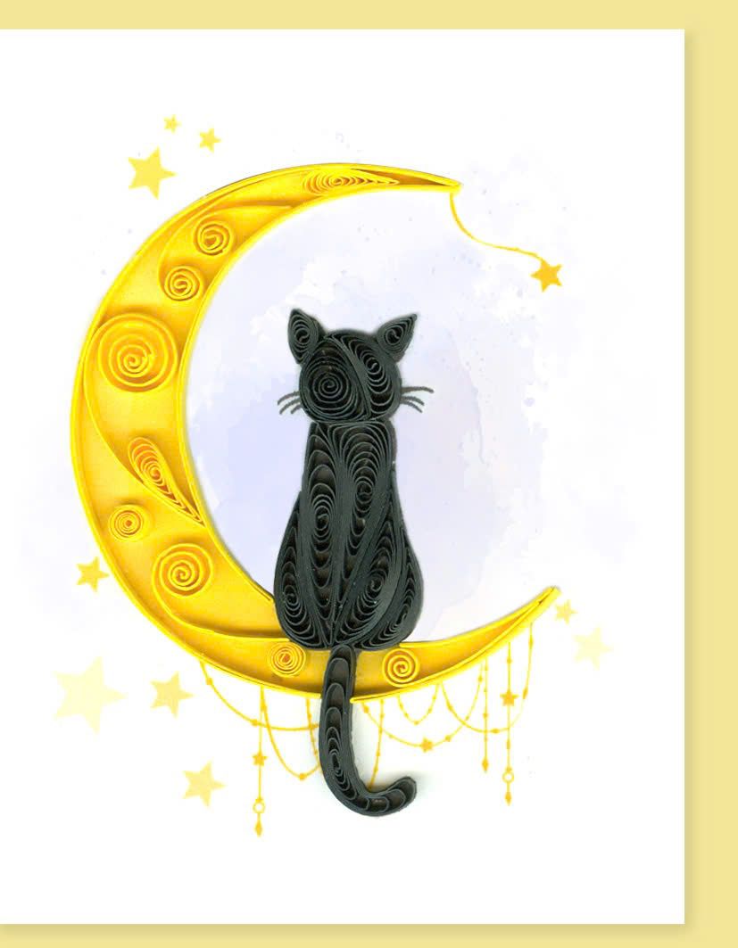 Hand Quilled Gift Enclosure Mini Card Cat on Moon #GE