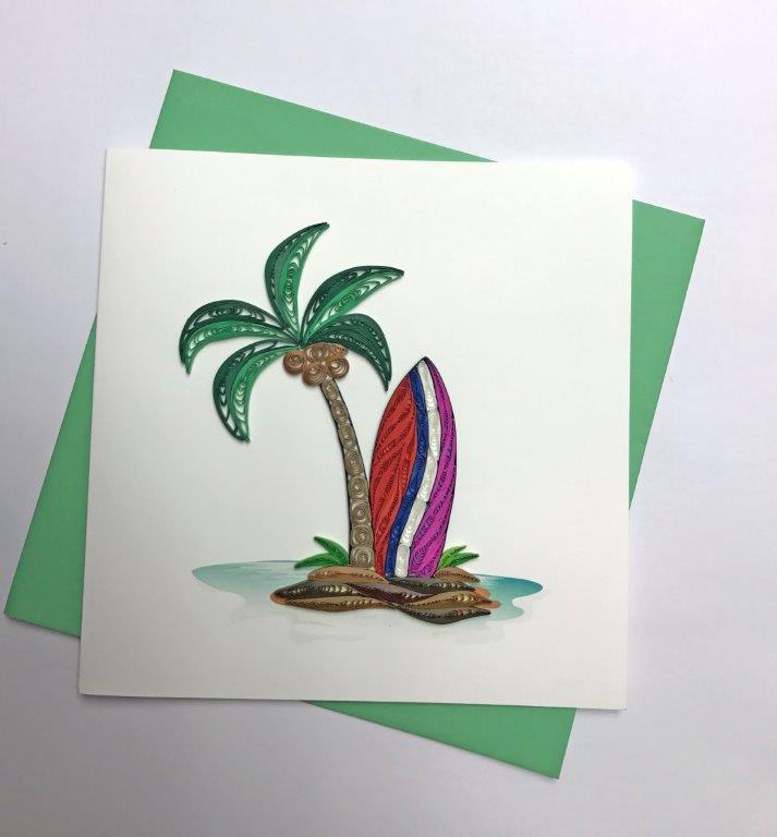 Hand Quilled Greeting Card Palm Tree/Surf Board #10277