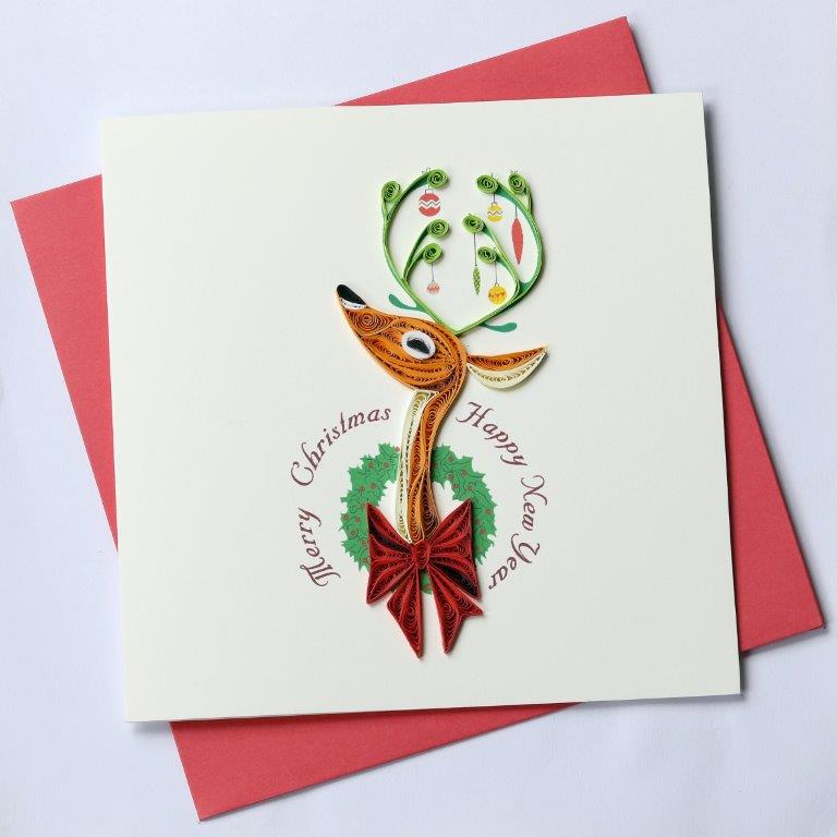Hand Quilled Greeting Card  Reindeer with Wreath #10407
