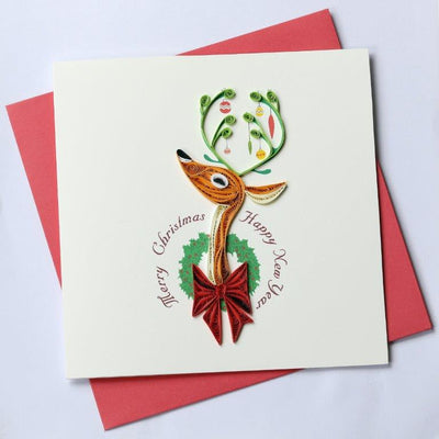 Hand Quilled Greeting Card  Reindeer with Wreath #10407