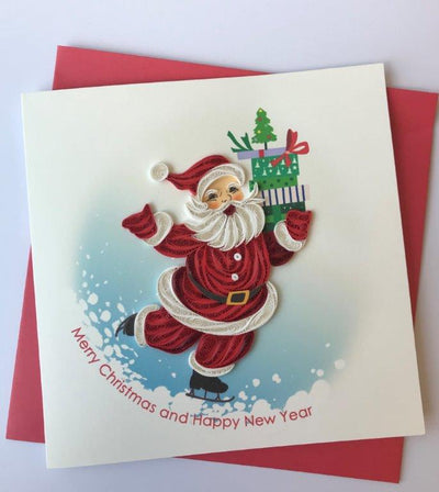 Hand Quilled Greeting Card Santa Skating #10539