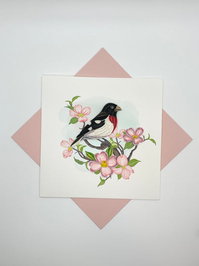Hand Quilled Greeting Card Rose Breasted Grosbeak #10961
