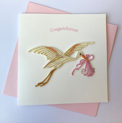 Hand Quilled Greeting Card Stork Girl #QC10538
