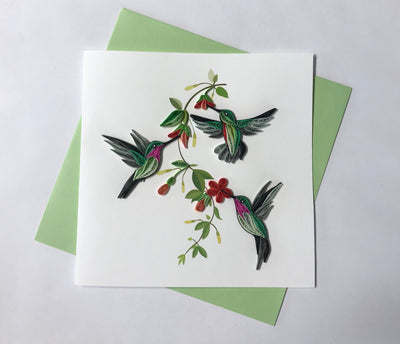 Hand Quilled Greeting Card Hummingbird Trio #QC10911